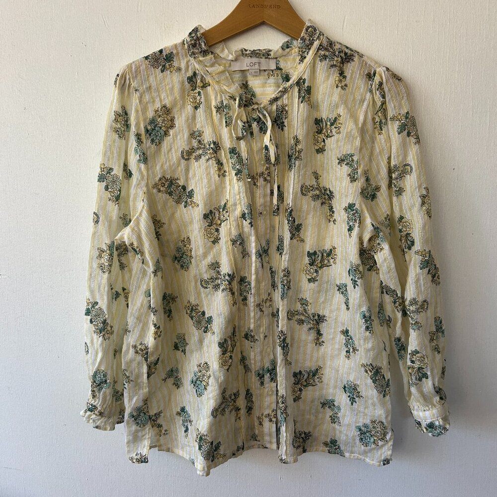 LOFT Floral Cottagecore Blouse Womens Large White Floral‎ Nearly Sheer Tie Neck